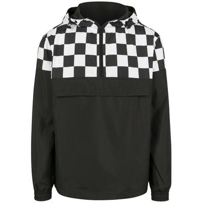 Langmantel URBAN CLASSICS "Urban Classics Herren Check Pull Over Jacket", Herren, Gr. L, schwarz-weiß (blk, chess), 100% Polyester, kariert, normal, ohne Ausschnitt, Mäntel