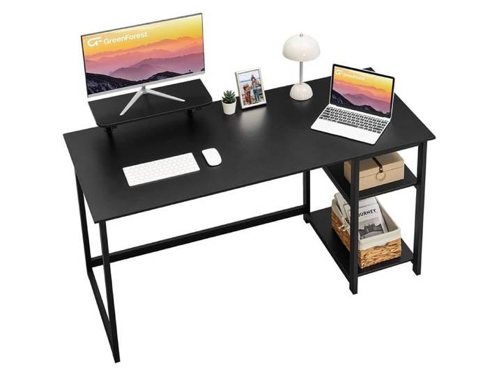 Bureau avec Support Écran 140cm - Bureau d'Ordinateur Noir Moderne Réversible avec Étagères - Idéal Gaming et Télétravail