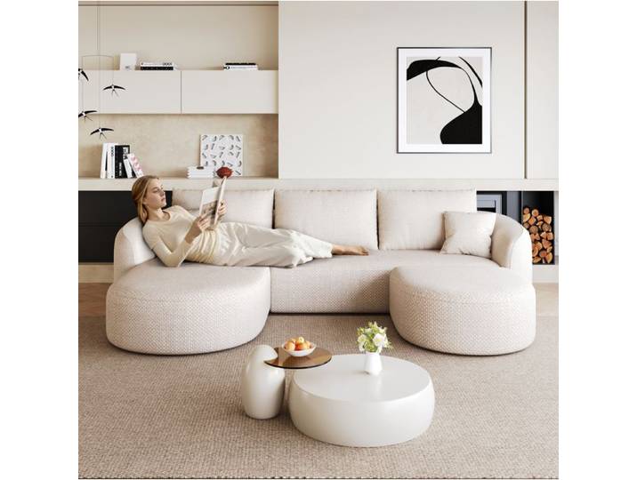 Canapé d'angle en U modulable AESVAR 5 places 266 cm sans montage tissu chenille blanc