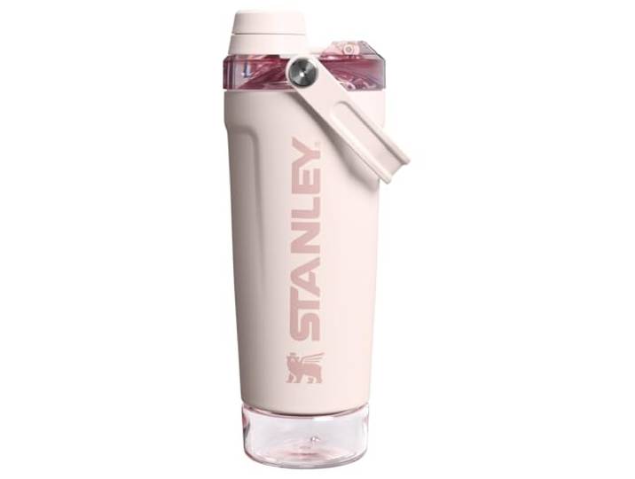 STANLEY Vitalize Shaker Bottle 20oz Auslaufsicherer isolierter Edelstahl Shaker Cup Basislagerung und Twist On Fast Flow Deckel Proteinshakes und Pre Workout Puder BPA-frei Rosenquarz