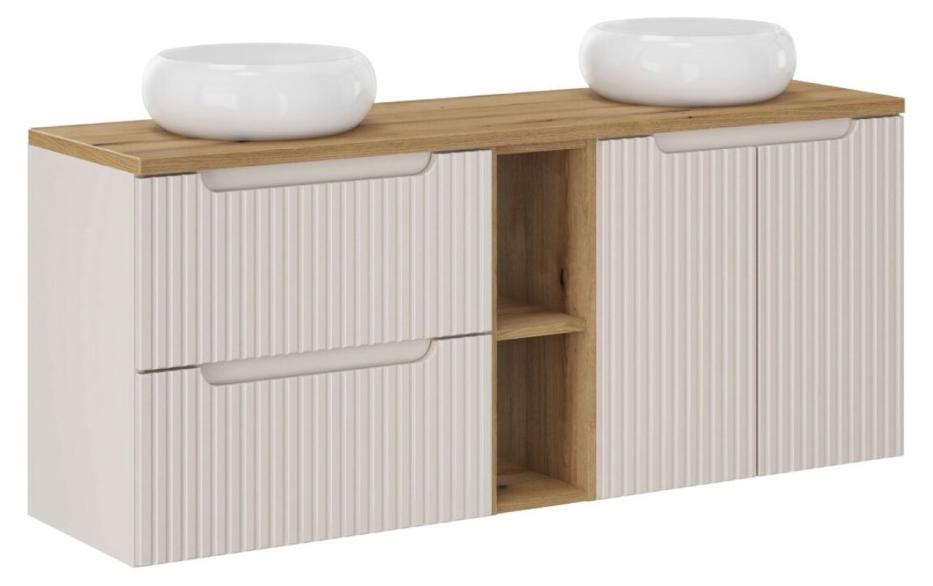 Set VANO Kaschmir und Eiche 140cm: Unterschrankmöbel mit Schubladen und Schränken mit sichtbaren Nischen + runde Aufsatzwaschbecken