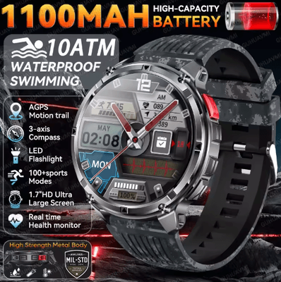 Inspire Picks 2026 T Rex3 Pro Military GPS Smartwatch 1100mAh Long Standby Rugged Outdoor Watch blue Camouflage