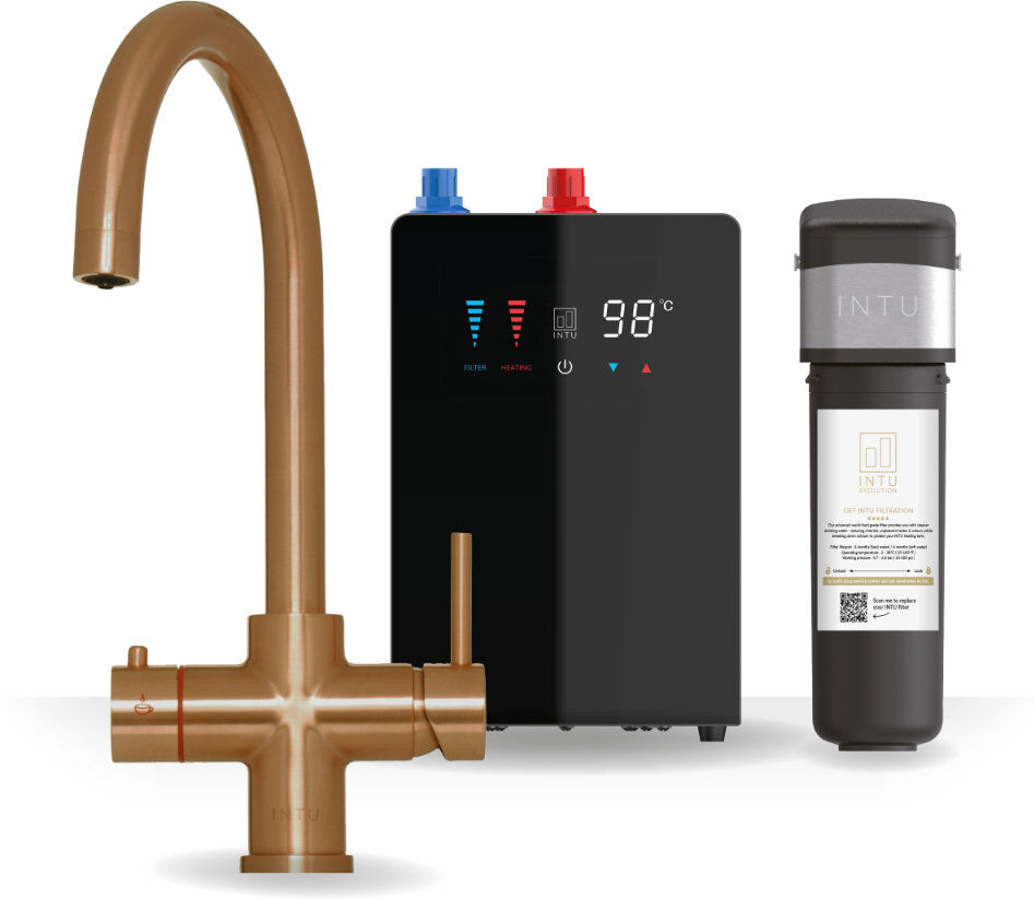 INTU 4-1 Instant Boiling Filtered Water Tap - Swan Neck Brushed Copper 21cm