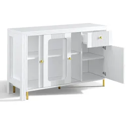 MODFU Sideboard MDF Weiß mit Klapp- und Ausziehtisch, Glas-Schiebetüren, goldfarbene Metallbeine, 116x40x78,5 cm