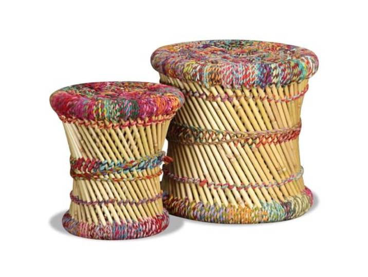 RJPLMFV Hocker aus Bambus mit Chindi-Details, 2 Stück, mehrfarbig Exotisches Design, stabile Eisenbeine, verschiedene Größen, Verwendung als Fußstütze oder Fußstütze, natürlicher Charme