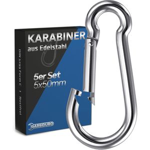 GARSIDURO Karabinerhaken KH-W5-05050-5, Edelstahl, 50x5mm, klein, Tragkraft 85kg, 5 Stück