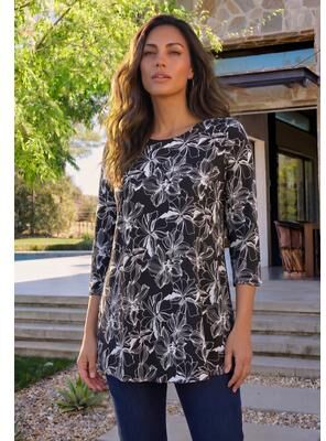 Plus Size Women's Plus Size Ultimate Three Quarter Sleeve Swing Tee by Roaman's in Black Plumeria (Size 12) Shirt