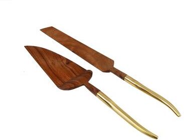Classic Touch S/2 Wooden Cake Servers With Gold Handle