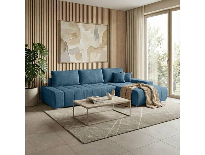 Beautysofa DRACO L Ecksofa mit Schlaffunktion & Bettkasten 267 cm - Schlafsofa, Bettsofa, Couch L-Form, Seitenausführung Rechts – Dunkelblau Velo 631