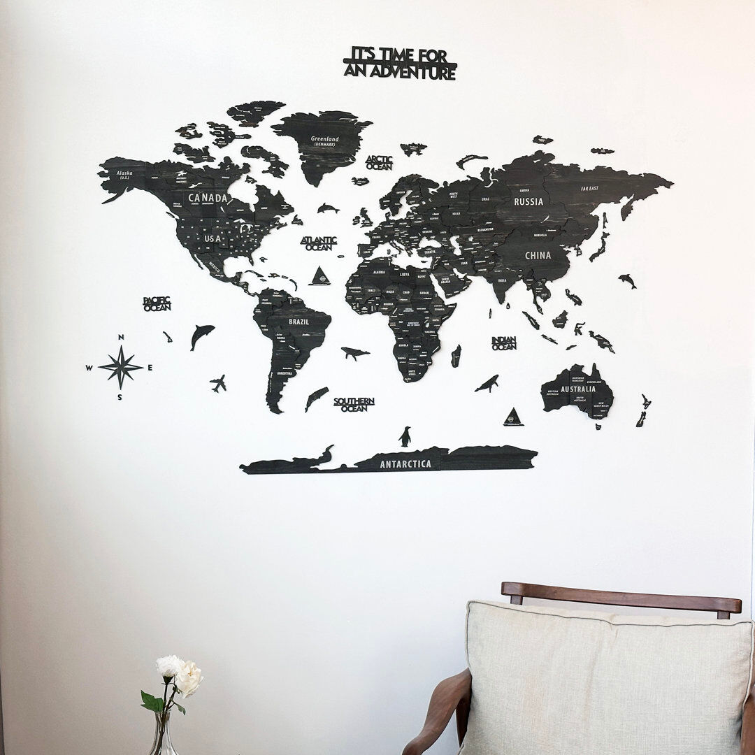 Rio Wooden World Map - Push Pin 3D World Maps - Wooden World Map with States - Wood Wall Art Tuana 250cm x 135cm