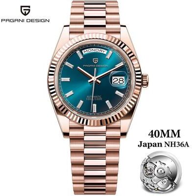 DynamicDeals Top Luxury PAGANI DESIGN DD40 Men's Watches, Automatic Mechanical, Sapphire Mirror Men's Wrist Watch rose Gold Blue