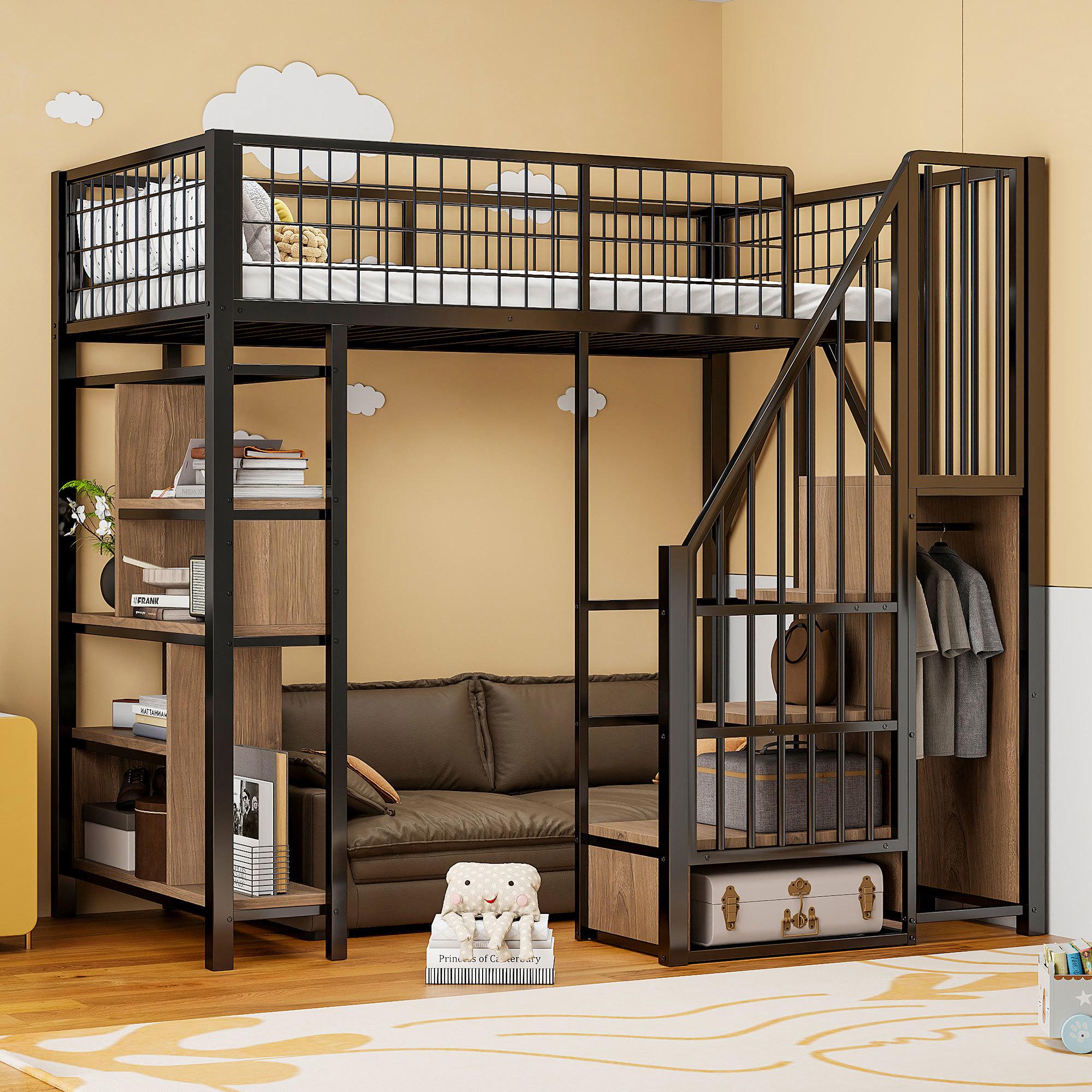 Merax Etagenbett Hochbett 90x200, Kinderbett mit Treppe und Stauraum, Platzsparendes Metallbett mit offenem Bereich für Arbeitsplatz/Leseecke,Schwraz