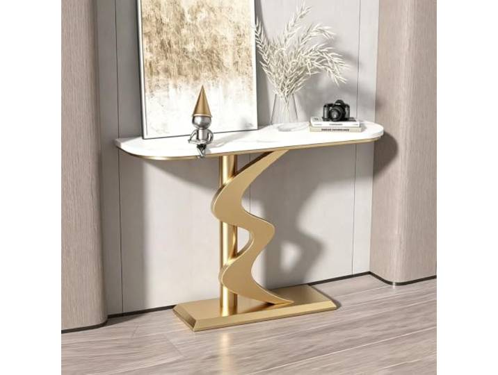 Moderner Konsolentisch,Schmaler Flurtisch mit Steinplatte und Metallgestell Hochwertige Steinplatte, Kratzfest, Stabiler Metallrahmen, Platzsparend, Modernes Design(Gold+White,80cm)