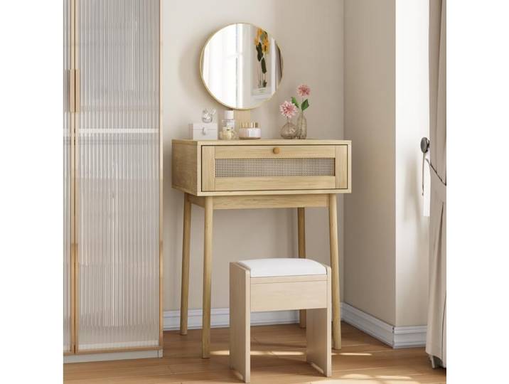 Coiffeuse avec miroir rond EVRYAE 60 x 50 x 128 cm 1 tiroir style bohème chambre chêne