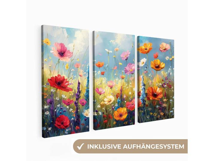 MuchoWow Leinwandbild 3er Set Blumen - Frühling - Farbenfroh - Sommerlich 150x100 cm, Orange, Kiefer, Rechteckig, 150x100 cm, Keilrahmen, Bilder & Rahmen, Bilder, Leinwandbilder
