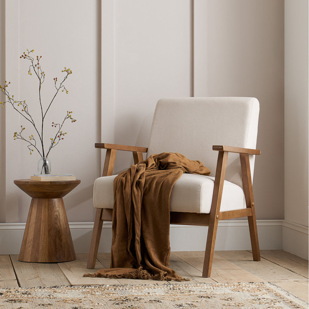 George Oliver Springview Upholstered Linen Blend Armchair Cream/Light Oak 86cm H X 71cm W X 71cm D