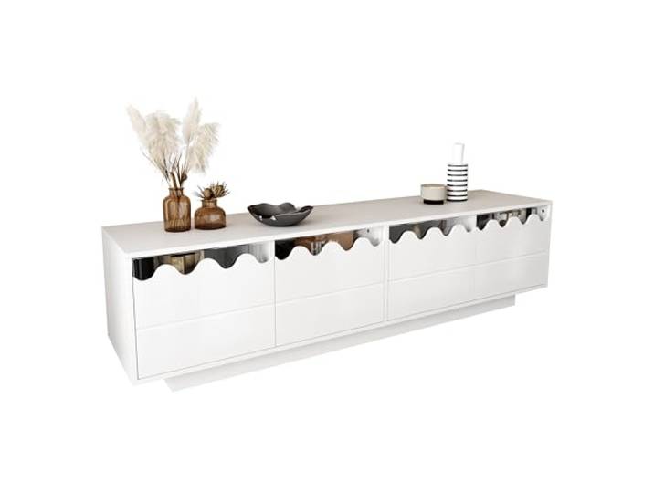 Ropilly TV Schrank Weiß 170 cm mit Wellen Design, Fernsehschrank 4 Türen Wellen‑Design TV‑Board mit 4 Türen und Glasregalen, optimal für Ihr Entertainment Center.