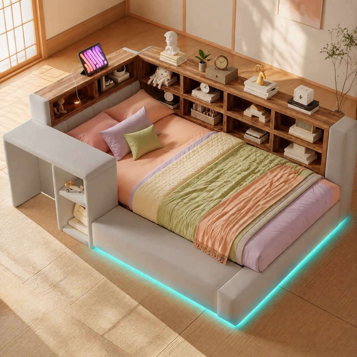 MODENUIT Gestoffeerd Bed met Opbergruimte, LED-verlichting en Bijzettafel, Lichtgrijs, 90 x 200 cm