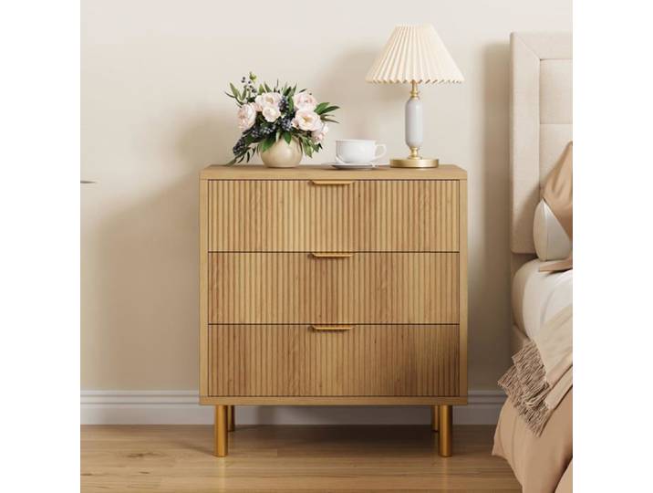 Commode cannelée contemporaine - LUNSY - 71x43x76 cm - Beige - 3 tiroirs - Poignées et pieds en métal doré