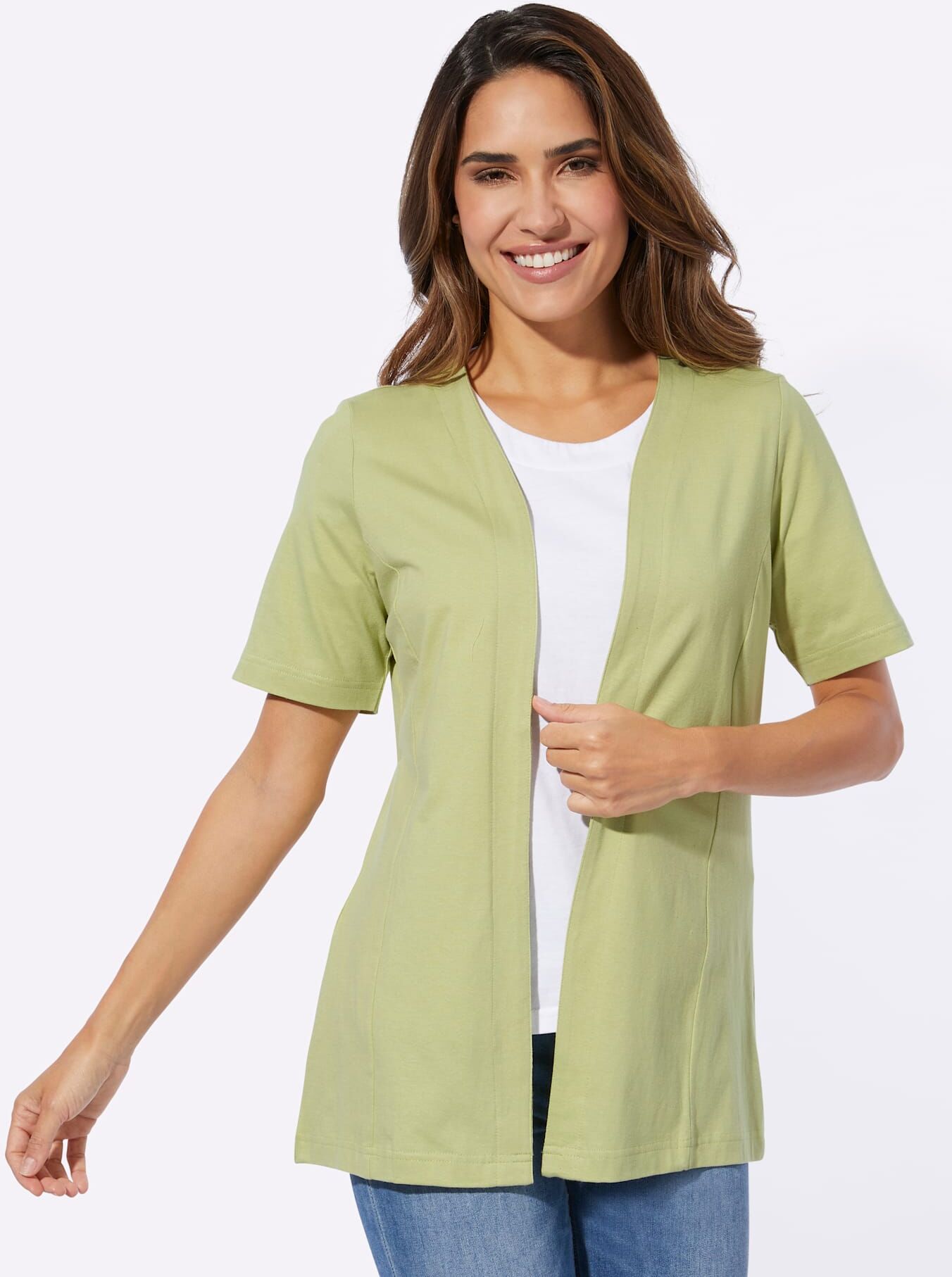 Shirtjacke CLASSIC BASICS "ohne Betriebssystem", Damen, Gr. 44, grün (lindgrün), 100% Baumwolle, geblümt, gemustert, unifarben, Shirts Shirtjacke lindgrün 44