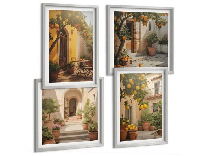 BILDER SET 4er Set - 50x50 cm & 40x60 cm Silberner Rahmen - Terrasse mit Zitrusbäumen