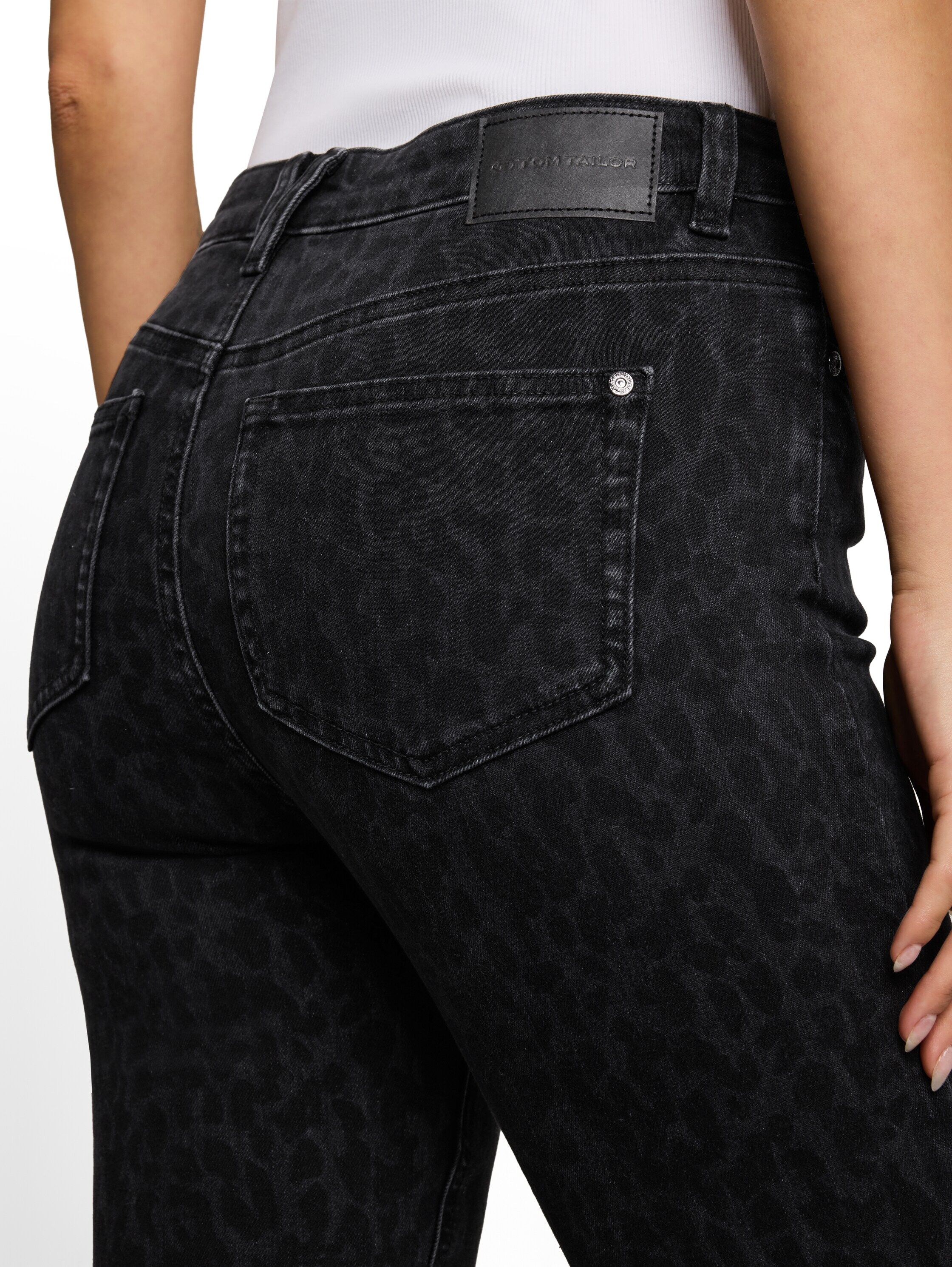 3/4-Jeans TOM TAILOR "Kate - Slim", Damen, Gr. 30, Länge 28, schwarz (leo denim allover), Denim/Jeans, Obermaterial: 92% Baumwolle, 8% Elasthan. Futter: 65% Baumwolle, 35% Polyester, normal 3/4-Länge, Jeans 3/4-Jeans, mit Leo-Print und Stretch leo denim a