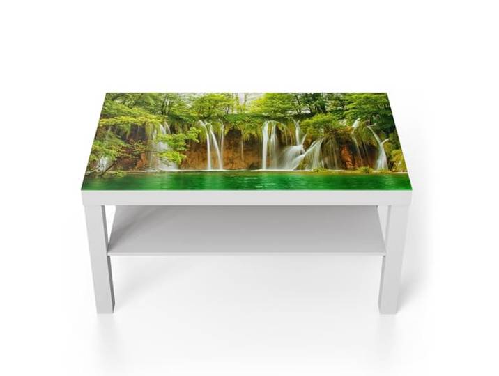 DEQORI Glastisch weiß groß 90x50 cm Motiv Grüner Wasserfall ausgefallener Beistelltisch aus Glas Hochglanz Couchtisch fürs Wohnzimmer moderner Couch Tisch mit Design