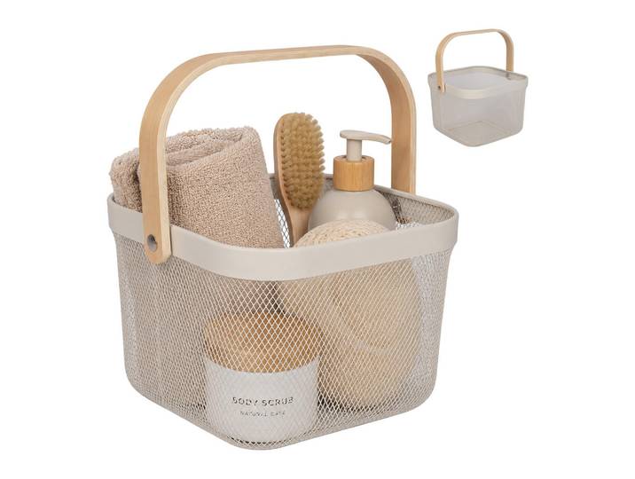 Relaxdays Drahtkorb Creme 2er-Set, Metall, Holz, 26x17.5x24.5 cm, Ordnen & Aufbewahren, Deko- & Aufbewahrungsboxen