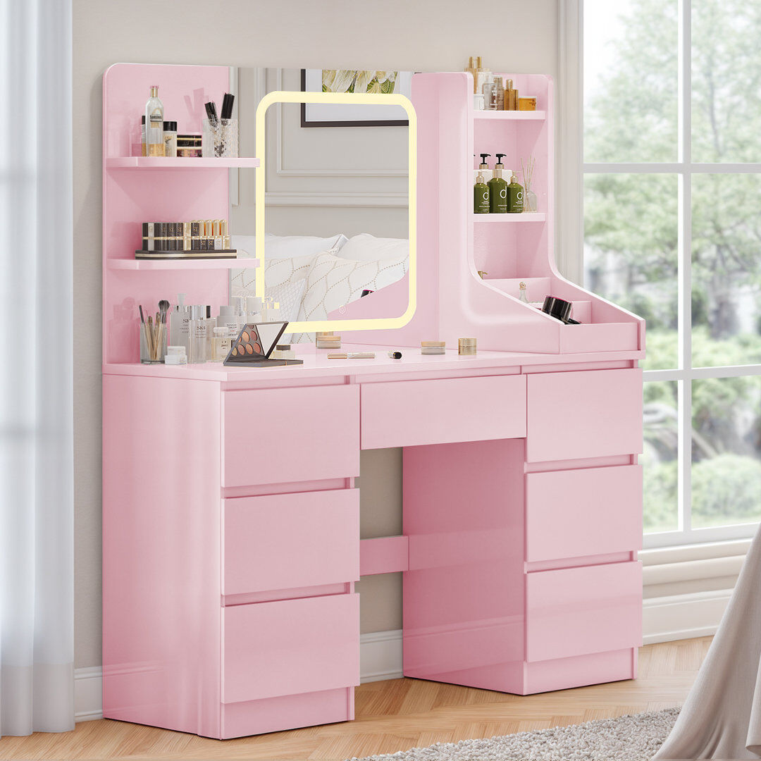 Metro LED Dressing table 7 Drawers and 7 Storage Shelves Dressing Table With Mirror Large Desktop Makeup Desk Pink 139cm H X 110cm W X 40cm D