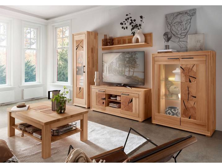 Massivholz Wohnwand Tim mit Hirnholz Inlays – Montierte Lieferung – 3%-Vorkasse-Rabatt