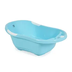 Babybadewanne Lilly platzsparend mit Wasserablauf, Ablagefächer für Zubehör blau