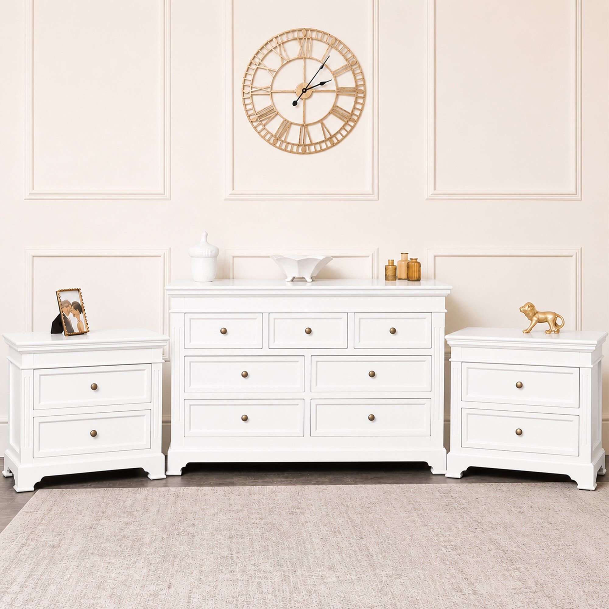 Large White 7 Drawer Chest of Drawers & Pair of Wide Bedside Tables - Daventry White Range Wood, Metal