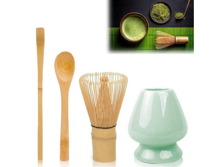 Matcha Besen Set 4-teilig mit Löffeln und Halter cyanfarben, Türkis, Naturmaterialen, 8x1.5x20 cm, Geschirr, Kannen & Karaffen, Kaffeezubehör & Teezubehör