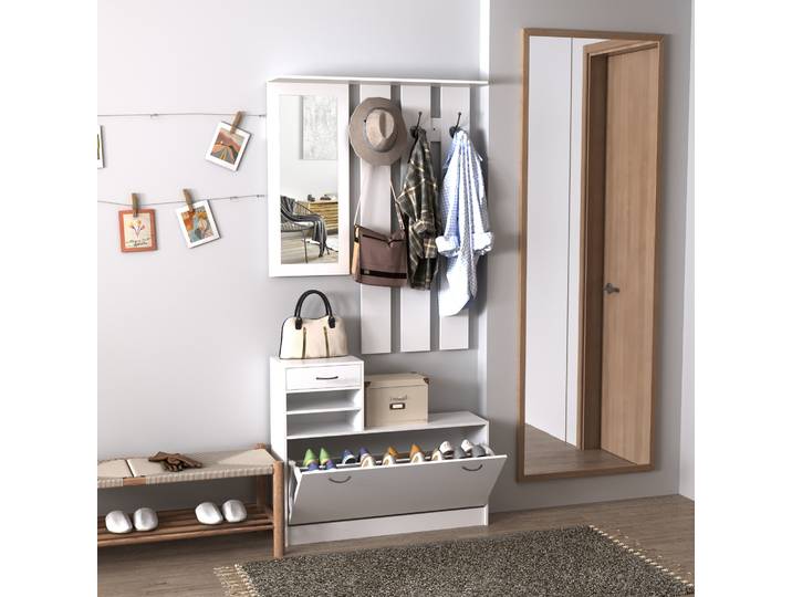 HOMCOM Meubles Entrée Blanc Chaussures/Miroir/Porte-Manteau