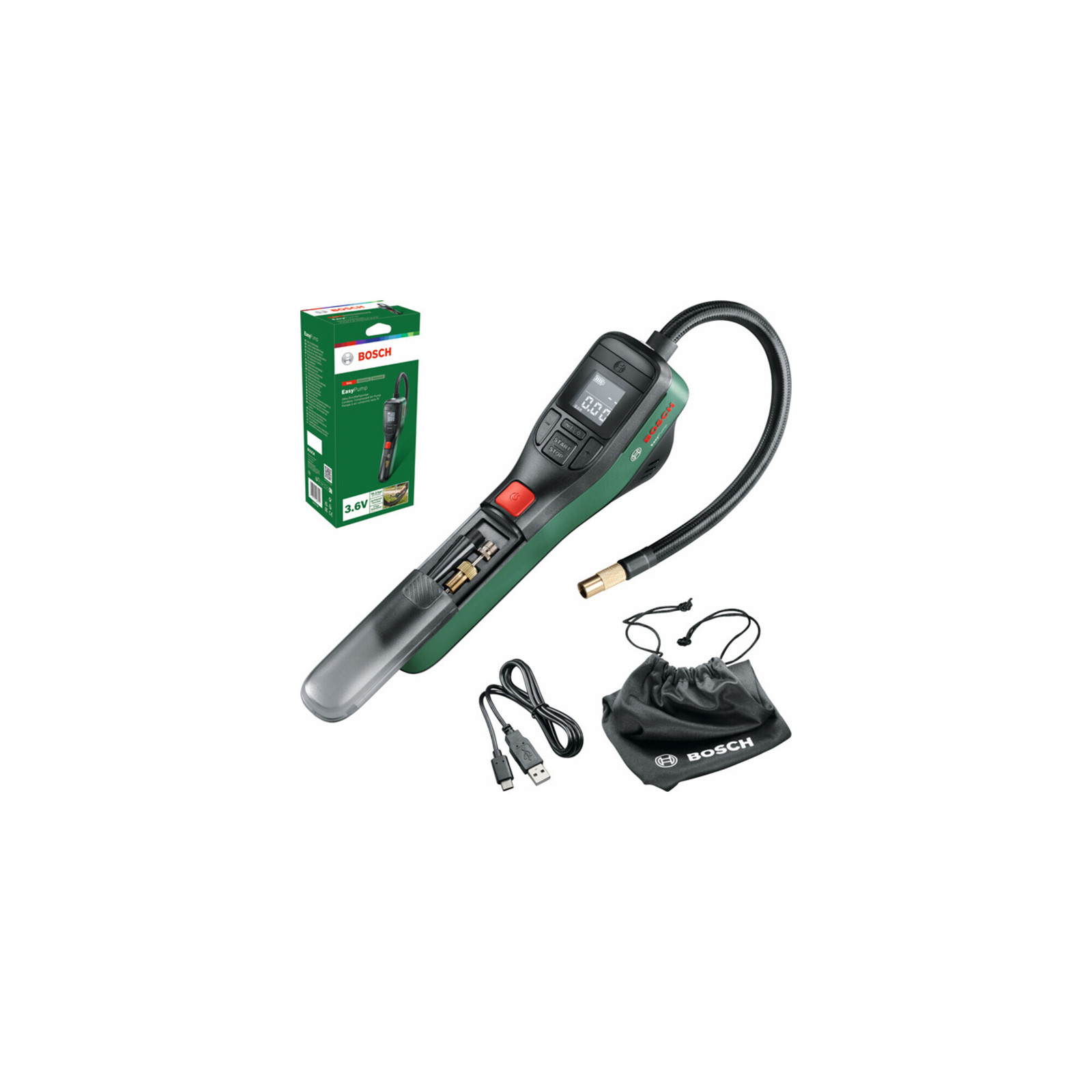 Bosch Easypump 3.6V draadloze luchtpomp voor banden en ballen, groen
