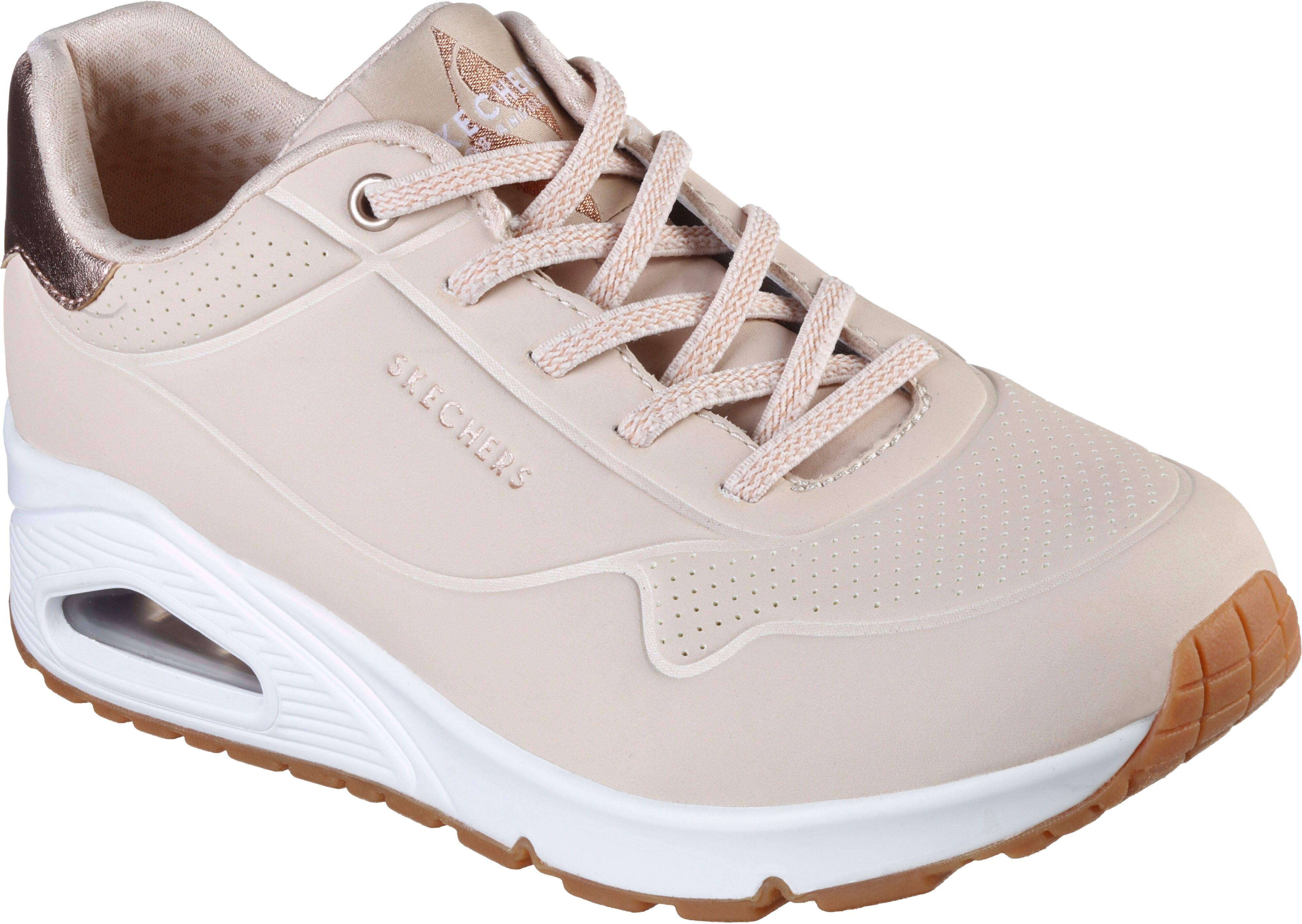 Slip-On Sneaker SKECHERS "UNO SHIMMER AWAY", Damen, Gr. 37, Textil, beige (natur), Lederimitat, kontrastfarbene Details, Schuhe Slip-On Sneaker, Slipper, Freizeitschuh, Plateausneaker mit modischem Keilabsatz natur 37, Textil