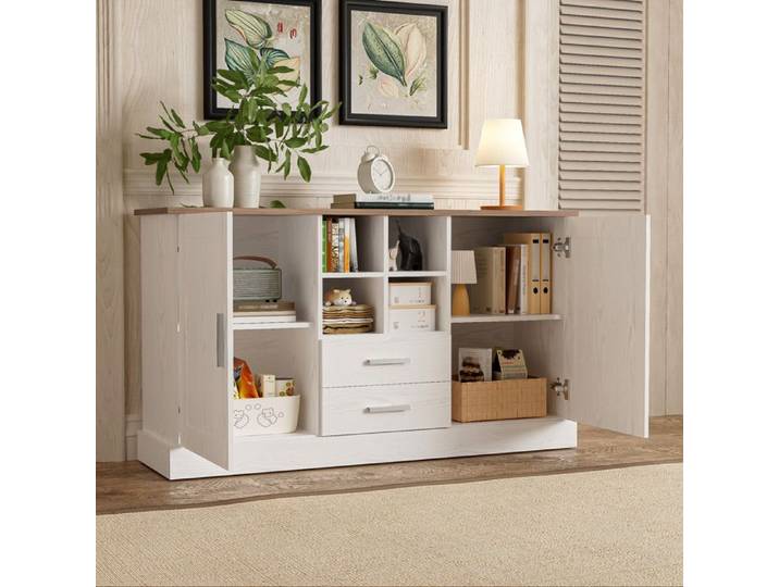 MIVRAY Buffet et Enfilade avec 2 Portes 2 Tiroirs et 4 Niches Fermeture Douce Blanc et Brun 140×40×79 5 cm