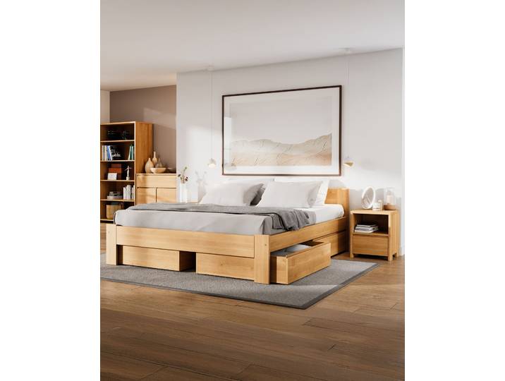 Naturwohnen Massivholzbett 180x200cm Set Erle Arbor +2 Nachttische +4 Bettkästen Schubladen mit Softclose mit bioola® nature veredelt