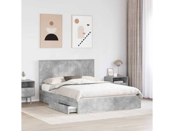SKTQYQO Bett mit Stauraum, Zementgrau, 150 x 200 cm Technisches Holz, integrierte Schubladen, einfache Montage, modernes Design