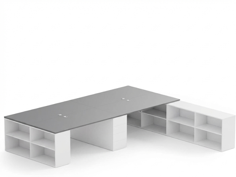 B2B Partner Bürotisch-Set BLOCK B05, 4 Arbeitsplätze mit Stauraum, 360 × 320 cm, weiß/Graphit