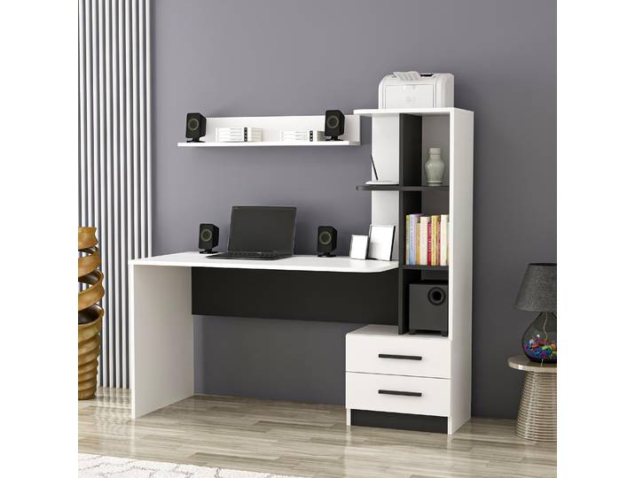 Skye Decor, Moderner Schreibtisch mit Bücherregal und Wandregal, 100% melaminbeschichtete Spanplatte, 120x74x60 cm 2 Schubladen, zahlreiche Regale, Schwarz-Weiß Design.