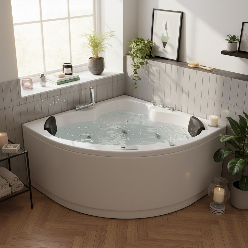 Indoor Whirlpool Eckbadewanne 130x130 cm, 21 Massagedüsen LED, Einbau für 2 Personen, Glasfaser-Acryl, Caribia RIO Premium, Made in Germany