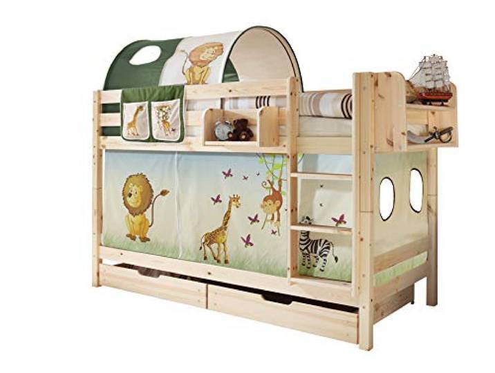 TiCAA Etagenbett, Kinderbett Stockbett für Kinder mit Treppe & Vorhangstoff Zwei Liegeflächen aus Kiefer Massivholz Bettgestell 90 x 200