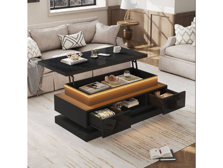 Table basse Table canapé Table basse brillante avec LED Noir 100*50*40cm Table basse réglable avec 2 tiroir