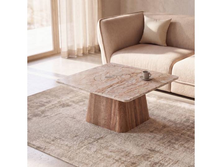 Couchtisch aus weißem Marmor und massivem Mangoholz, L 80 cm
