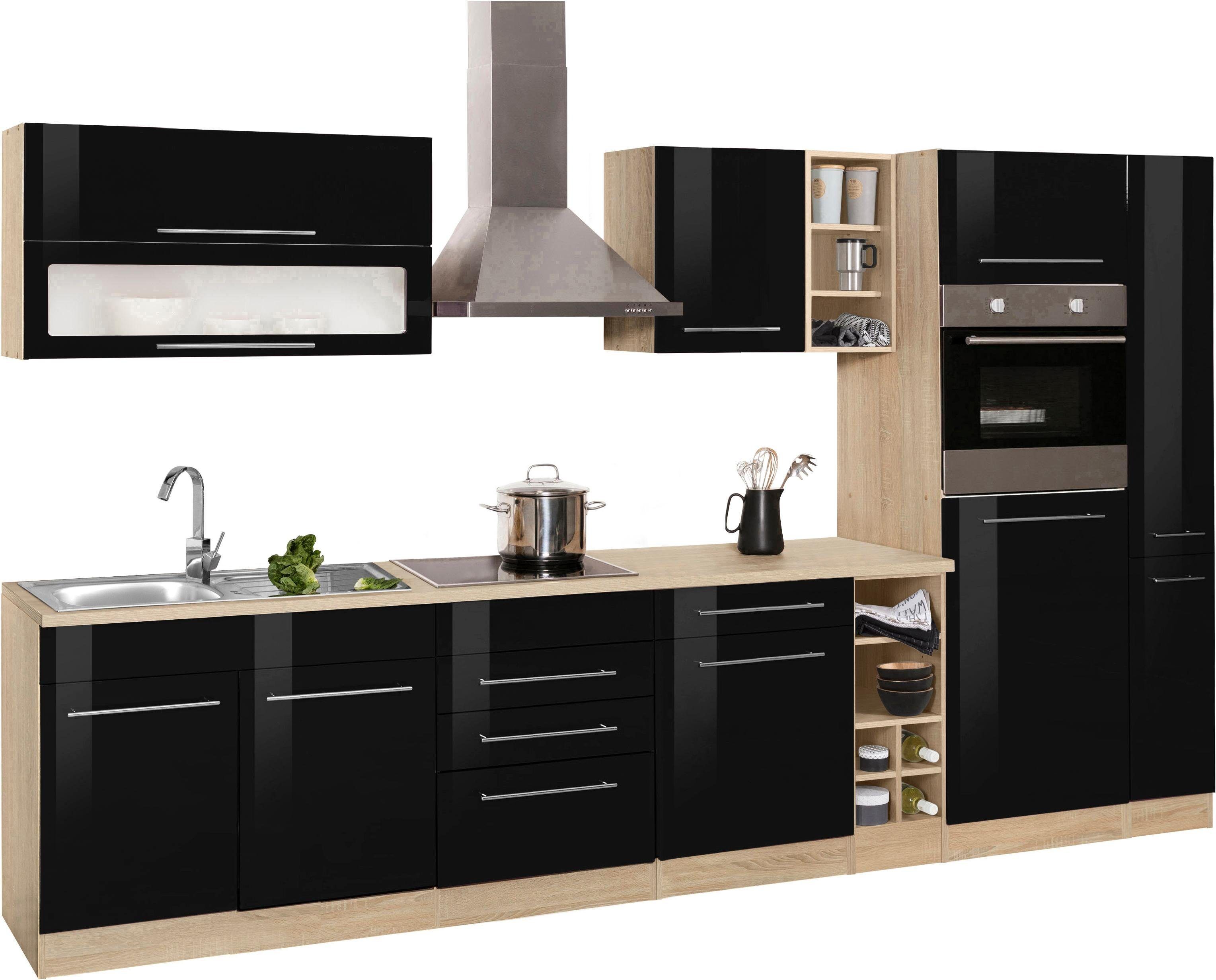 Küchenzeile KOCHSTATION "KS-Eton", schwarz (küche: schwarz, korpus: eichefarben, arbeitsplatte: eichefarben), B:330cm T:60cm, Komplettküchen-Sets, Küchenzeile, ohne E-Geräte, Breite 330 cm küche: schwarz, korpus: eichefarben, arbeitsplatte: eichefarben B/
