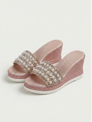 LightInthebox Women's Chic Boho Slides - Shimmering Crystal Pearl Studded Mules for Summer Vacation, Honeymoon Travel