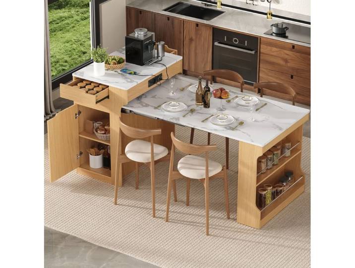 VUENOR Îlot central extensible 153x80 cm naturel et blanc – prises intégrées
