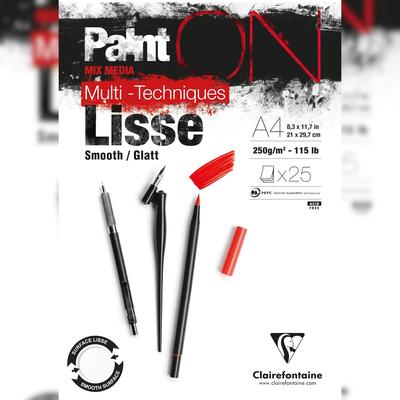 Clairefontaine 4x PaintON Lisse/Glatt, Block A4, kopfseitig geleimt, 25 Blatt, 250g, weiß, Mixed Media - 975729C