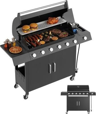 Garvee 6-Burner Propane Gas Grill with Side Burner, Cast Iron Grates, Cabinet for Patio Backyard